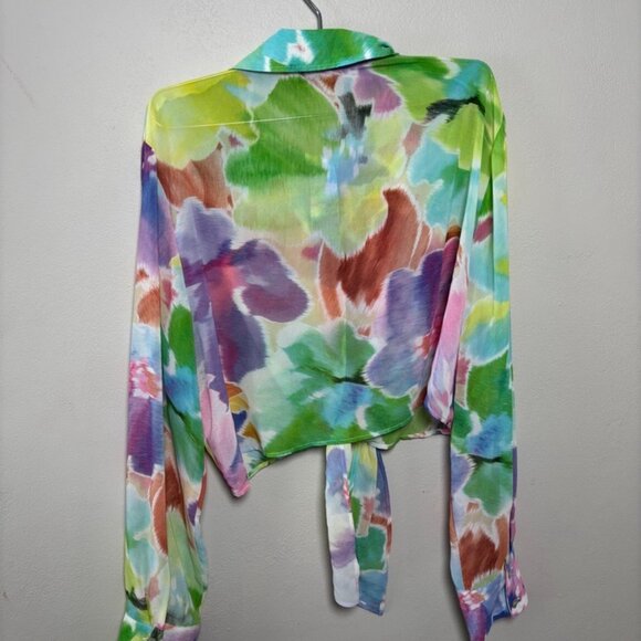 ZARA Floral Tie-Front Button Down Crop Blouse – Women’s Large - Picture 3 of 6